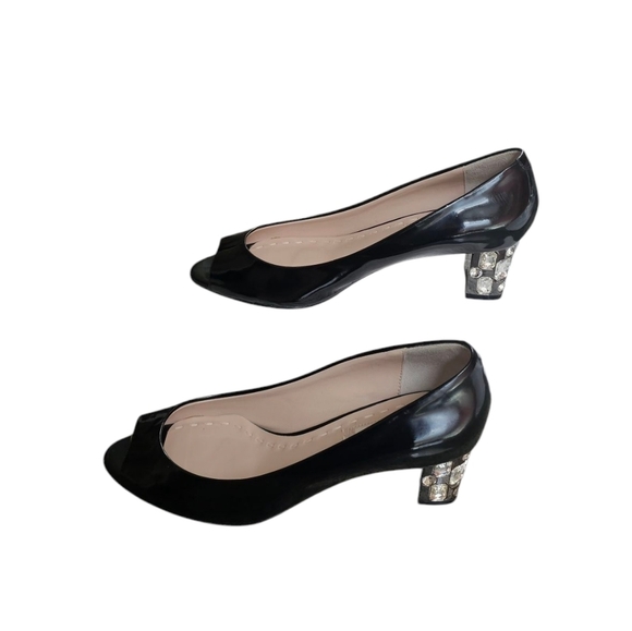 Miu Miu Embellished Jeweled Crystal Block Heel Black Patent Leather Pumps. Sz 38 - Picture 5 of 8